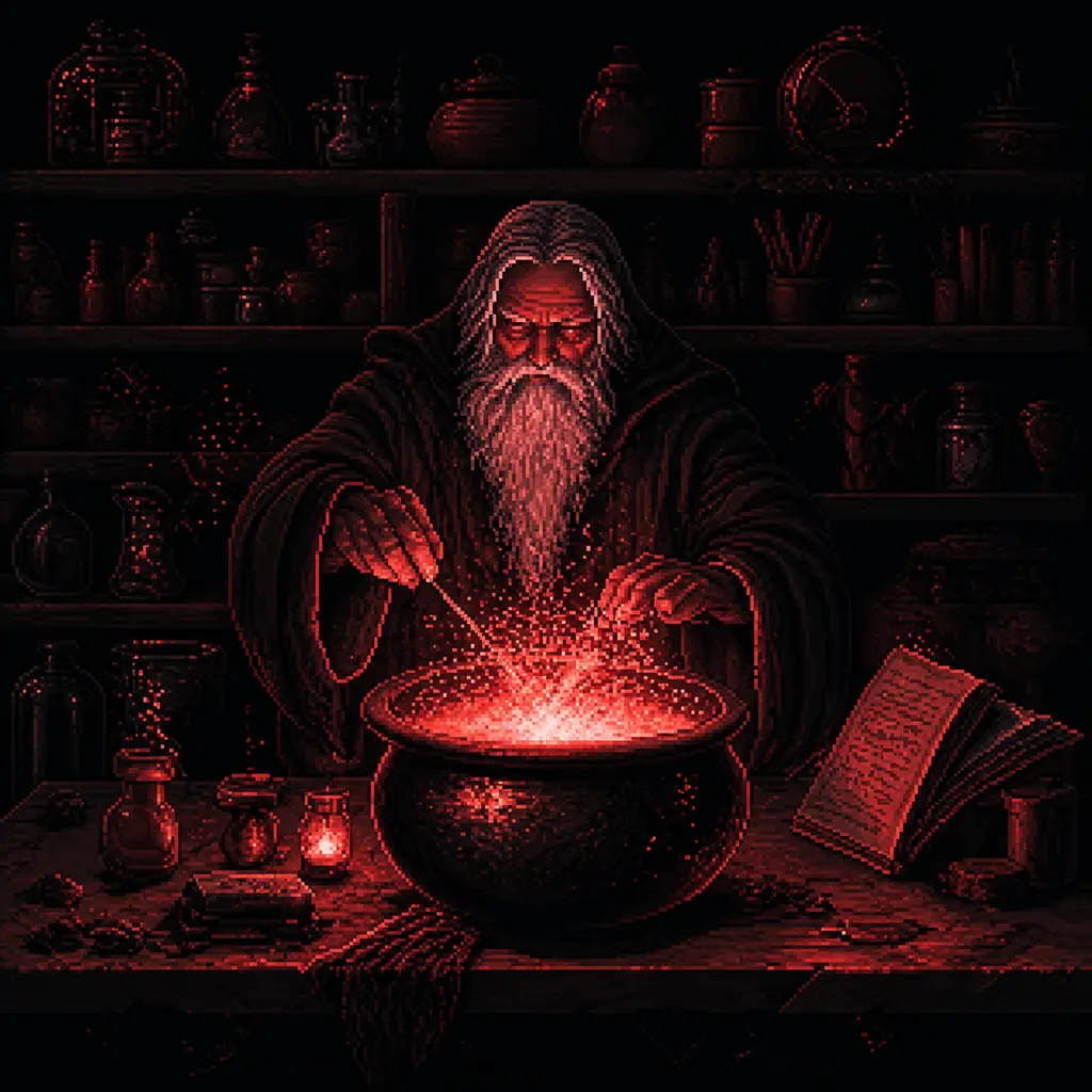 Be curiousを表すドット絵イラスト:老魔導士が大鍋で魔法薬を調合するシーン