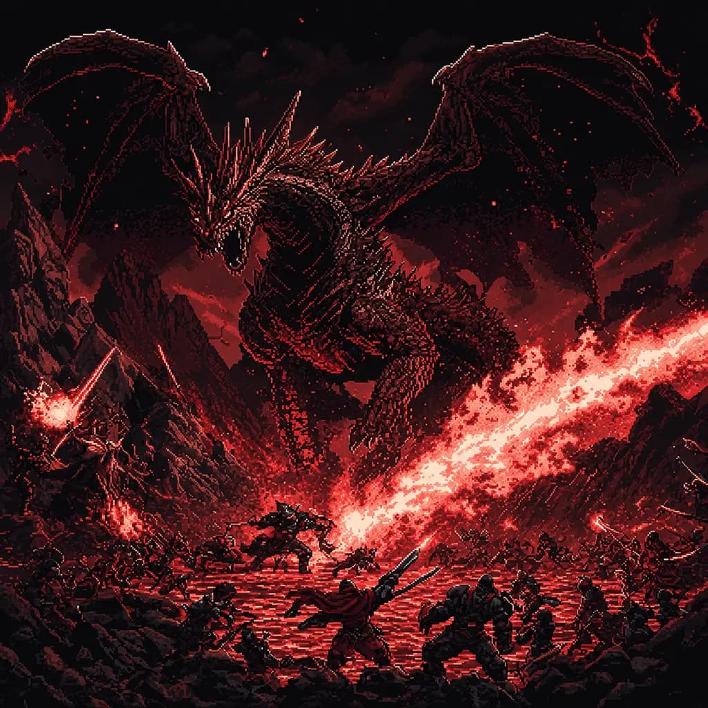Dragon huntingを表すドット絵イラスト:炎を吐くドラゴンに冒険者たちが立ち向かう戦闘シーン