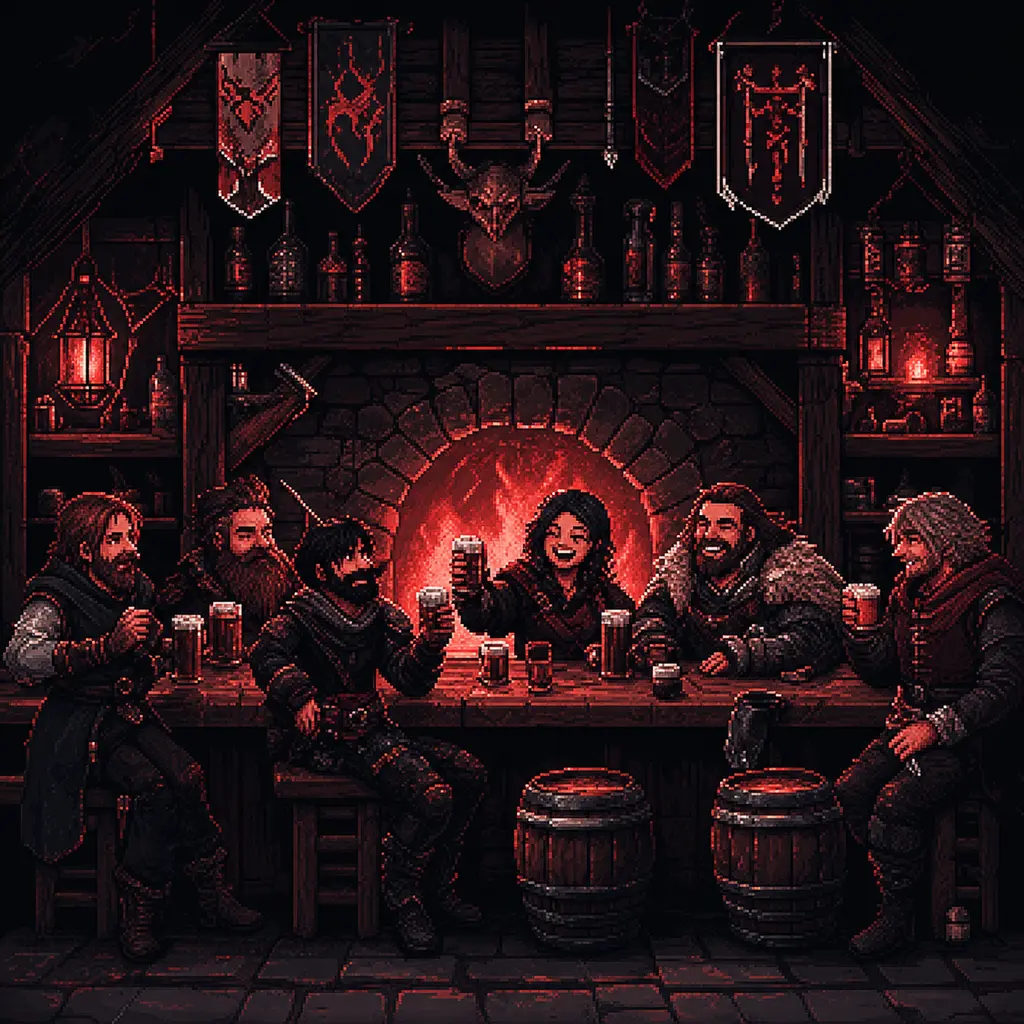 Good vibesを表すドット絵イラスト:暖炉のある酒場で仲間と乾杯するシーン