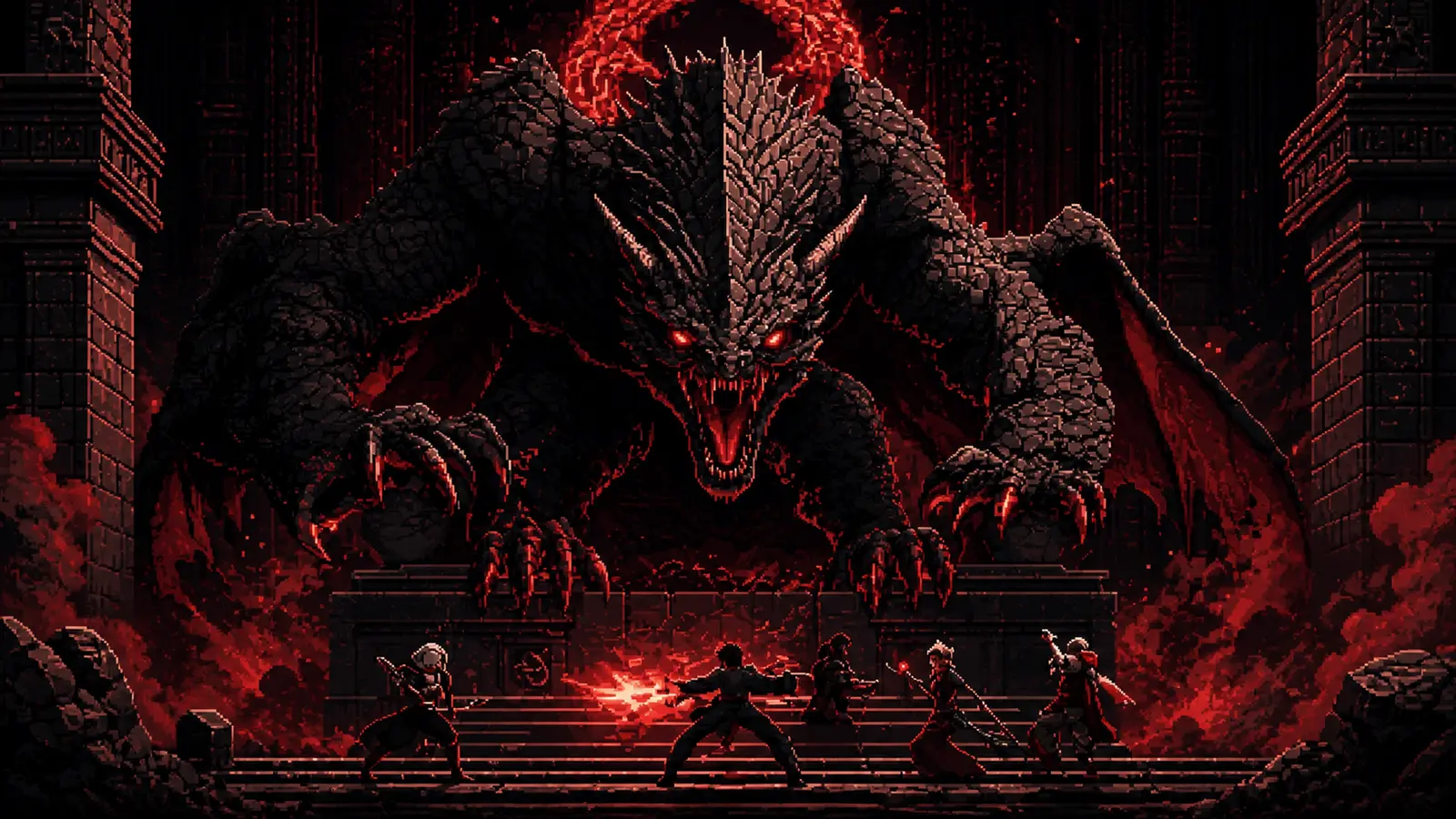 SPIKE STUDIOのValueを象徴するドット絵イラスト:巨大なドラゴンに5人の冒険者パーティが挑む討伐シーン