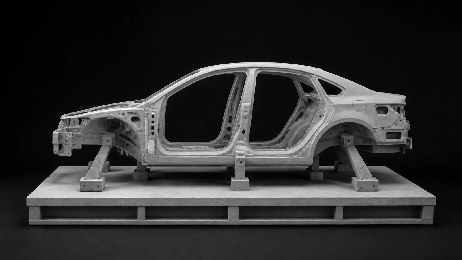 ガラスもタイヤも付いていない自動車のホワイトボディが、治具に載せられているモノクロの模型