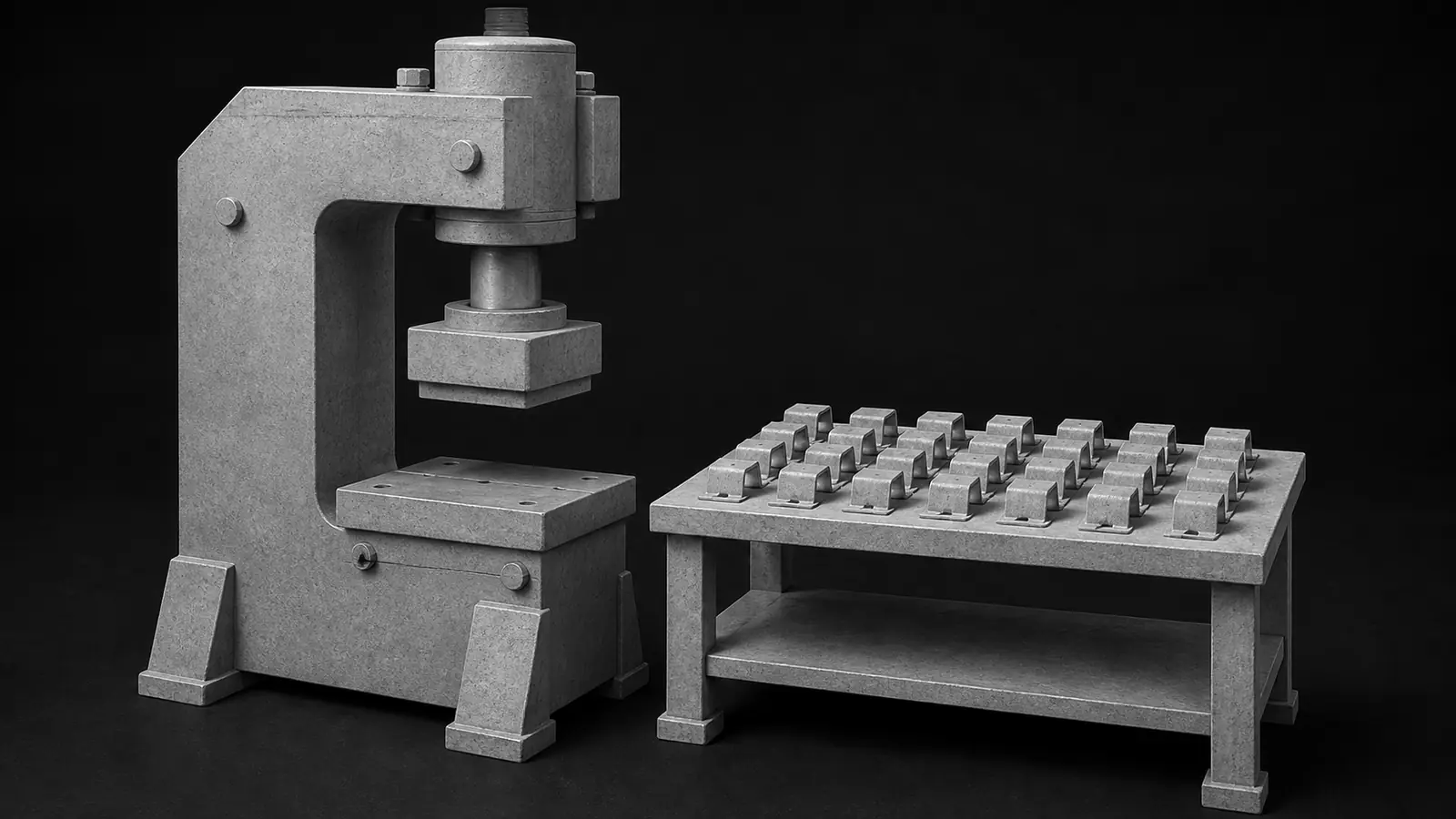 C型フレームのプレス機と、同じ形の部品が格子状に並べられた検査台のモノクロの模型