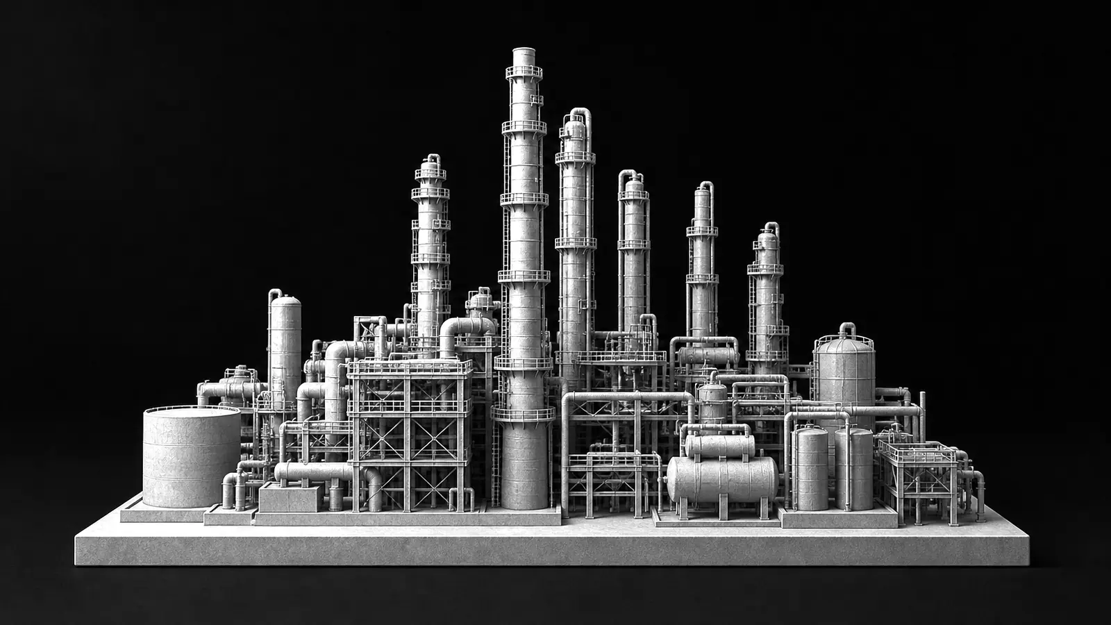 蒸留塔と配管が連なる石油化学プラントを、灰色の素材で作ったモノクロの模型