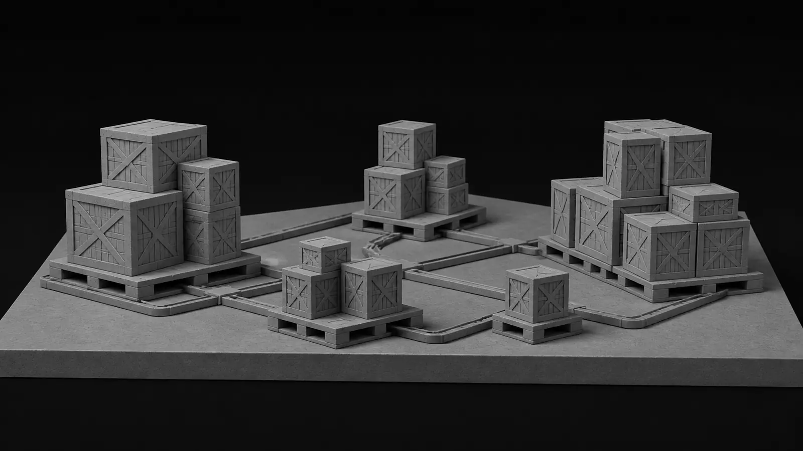 パレットに積まれた大小の木箱がいくつかの島に分かれ、その間を連絡路がつなぐモノクロの模型