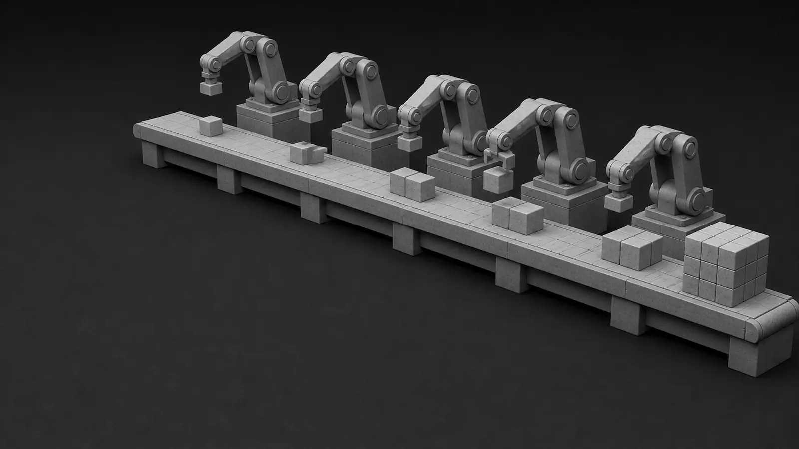 一列に並んだ同型のロボットアームが搬送路の上で部品を組み上げ、終端で完成した塊になっているモノクロの模型