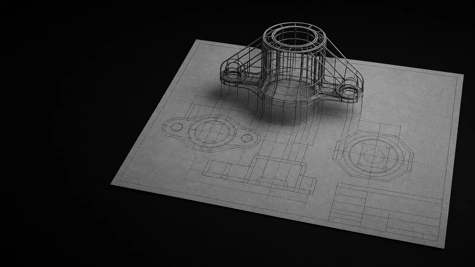 製図線だけで描かれた図面の上に、その線がそのまま立ち上がって立体のワイヤーフレーム部品になっているモノクロの模型